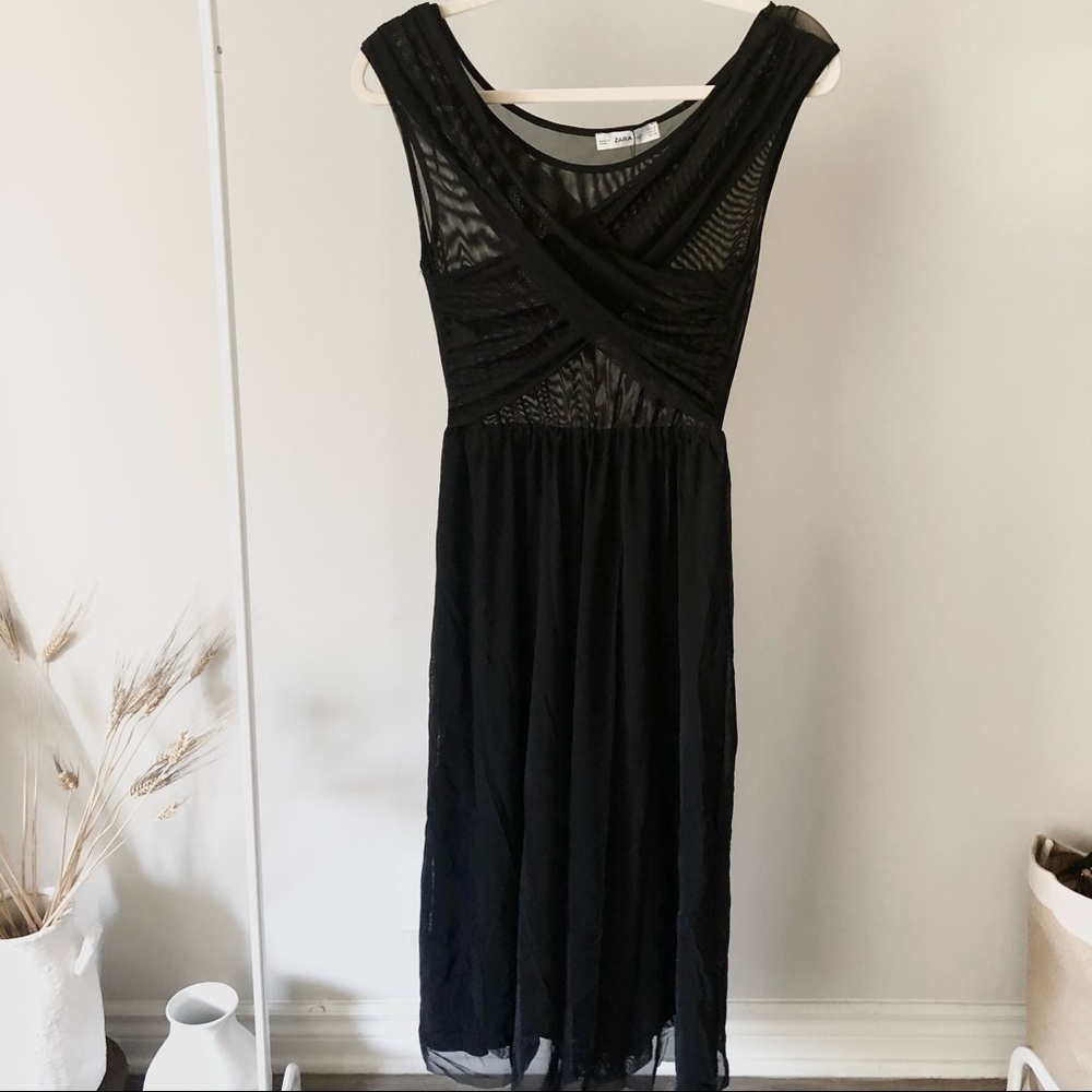 Zara Tulle Black Midi Dress Small NWT